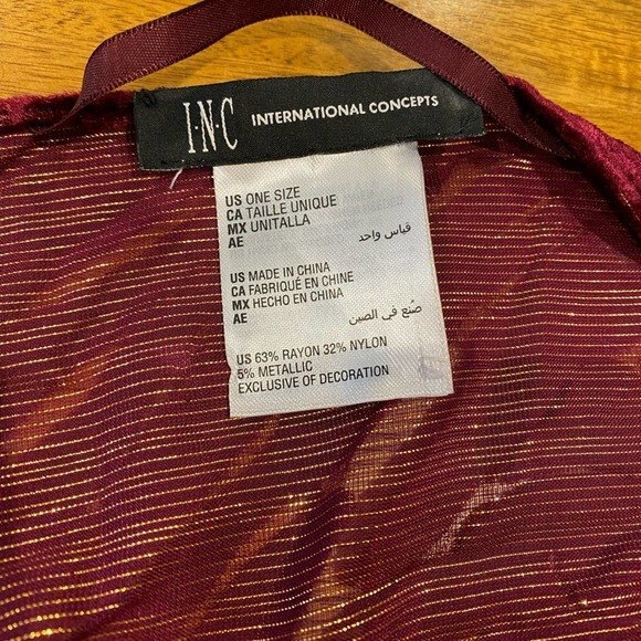 INC Animal Print Velvet Dark Red Gold Embellished Fringe Scarf - Picture 5 of 5